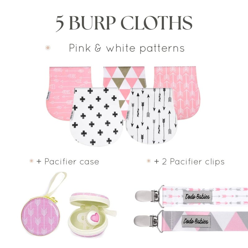 Dodo Babies Burp Cloths for Babies - Soft Cotton Front & Fleece Back - Contoured Fit for Newborn Essentials - Pack of 5, 2 Pacifier Clips, Pacifier Case, 19 x 9 in - Image 2